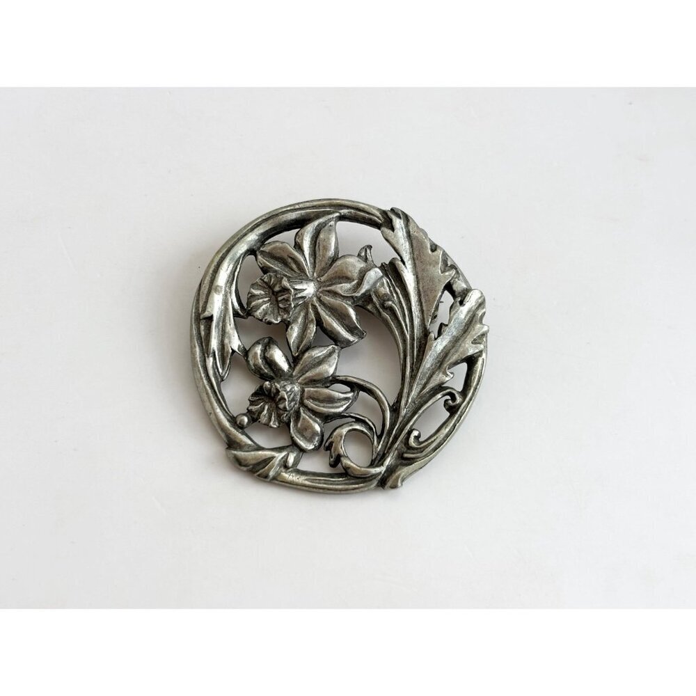 1987 Canadian Made Floral Pewter Art Nouveau Inspired Vintage Brooch Pin - Picture 13 of 14